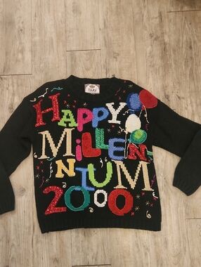 Tiara Black Happy Millenium 2000 Y2k Vintage Ugly Sweater